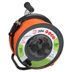 Удлинитель силовой ЭРА RMx-4es-3x2.5-30m-IP44 на металлической катушке с заземлением и выключателем 4 розетки 30м ПВС | Силовые удлинители