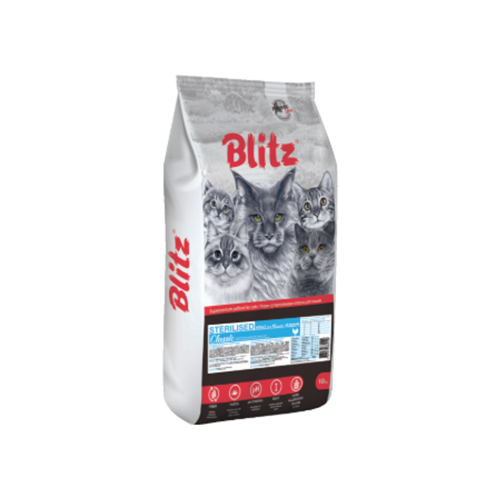 Сухой корм для стерилизованных кошек с курицей Blitz Classic Chicken Adult Sterilised Cat All Breeds 10кг