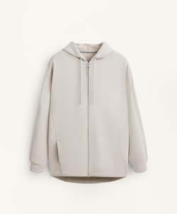 Oysho Длинная куртка с капюшоном, детали в рубчик, из модала с начесом, серо-коричневый