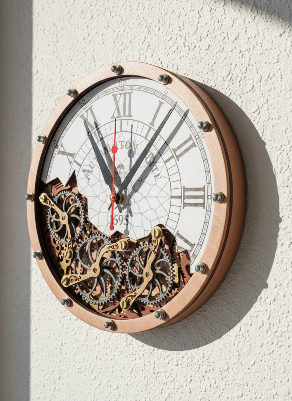 Настенные часы WOODandROOT Automaton Bite 1695 — авторская механическая композиция с движением шестерёнок в стиле стимпанк