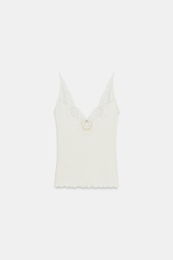 ZARA ТОП В РУБЧИК С КРУЖЕВОМ, ЭКРЮ