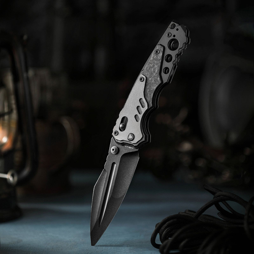 Складной туристический нож TRIVISA Intruder-05 клинок 14C28N рукоять карбон и титан (черный-черный)