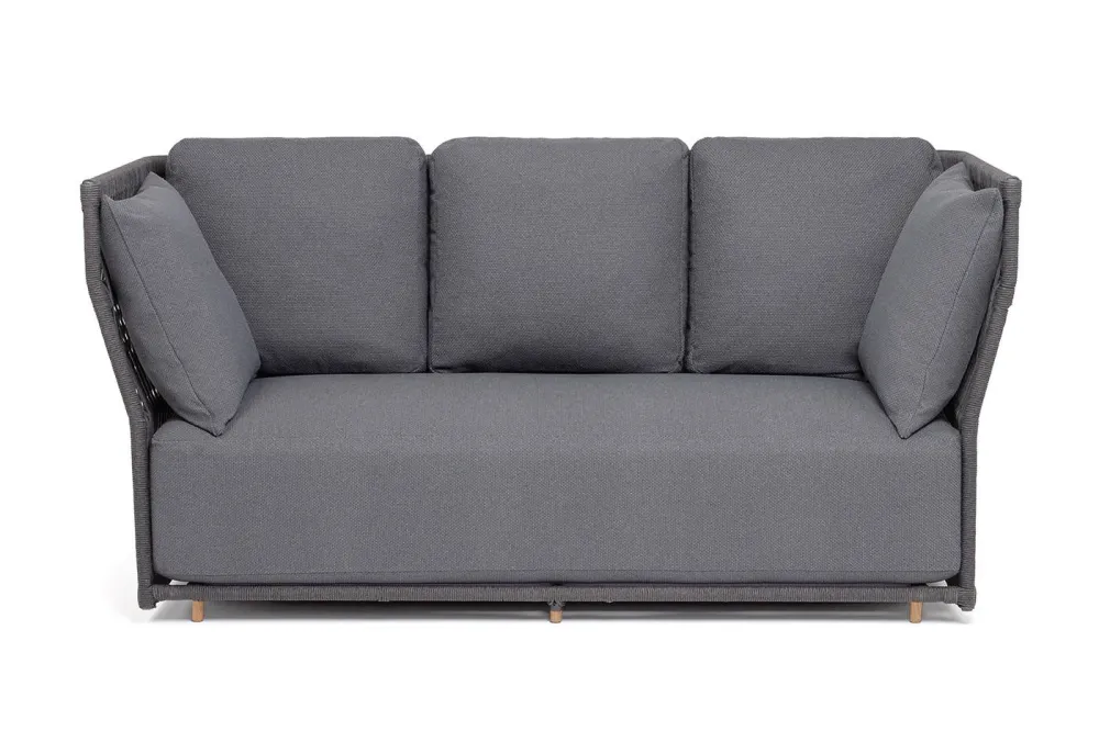 "Лугано" диван 3-местный плетеный из роупа, каркас алюминий темно-серый (RAL7024) муар, роуп темно-серый круглый, ткань темно-серая YB25-0027