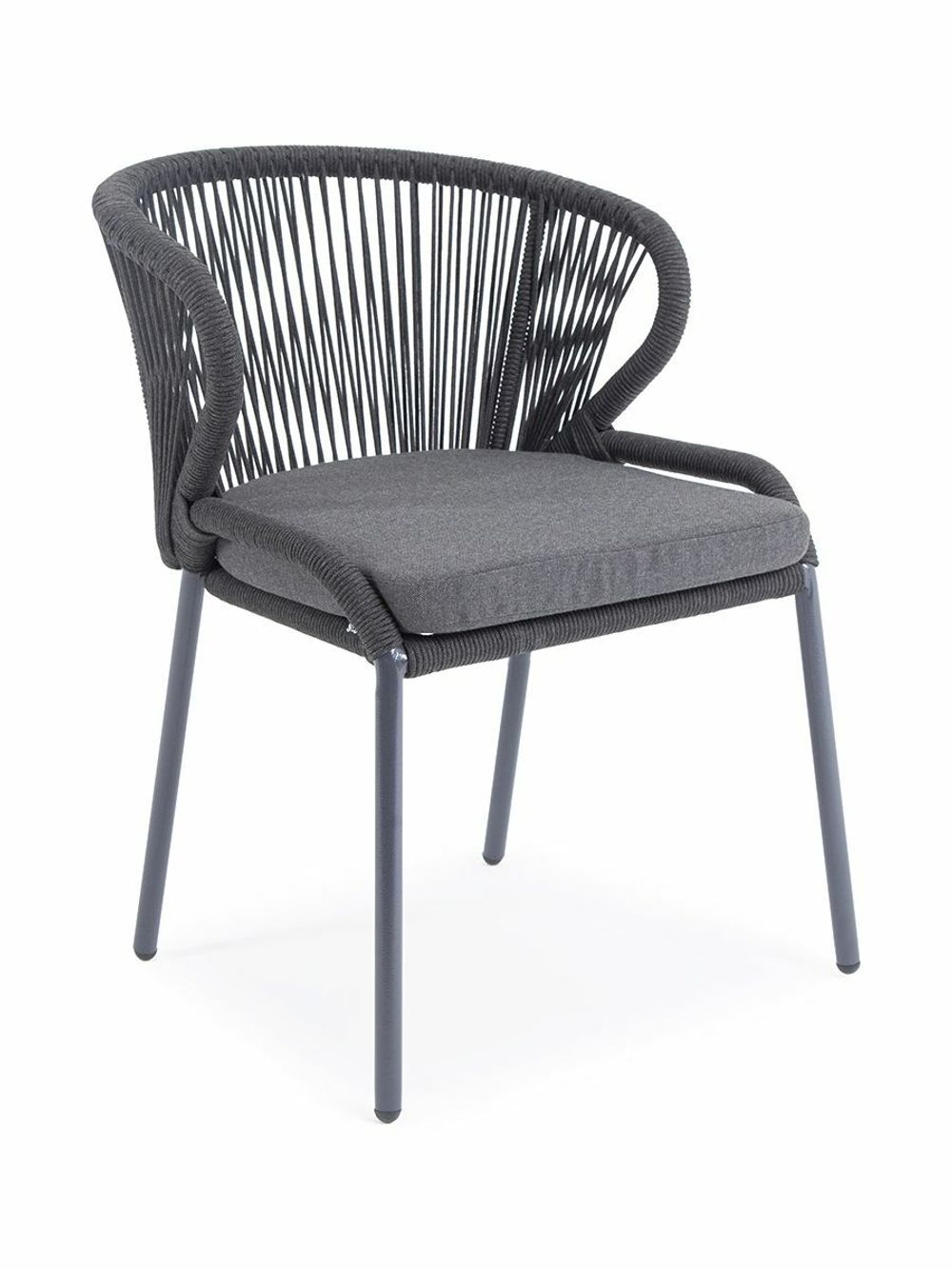 "Милан" стул плетеный из роупа, каркас алюминий темно-серый (RAL7024) муар, роуп темно-серый круглый, ткань темно-серая 027