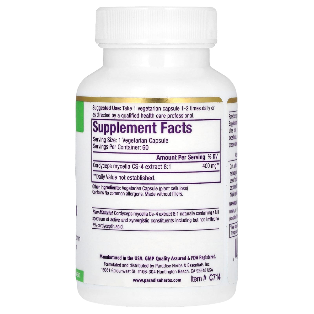 Paradise Herbs, Экстракт кордицепса, 60 вегетарианских капсул (400 мг на капсулу)