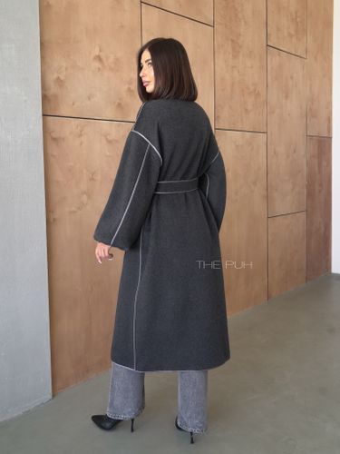 Черное двустороннее пальто на поясе с меховым воротником