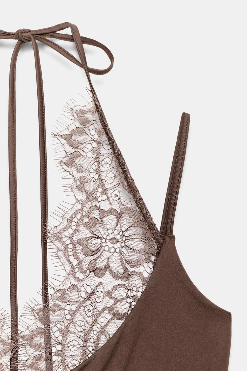 ZARA БОДИ ХАЛТЕР С КОМБИНИРОВАННЫМ КРУЖЕВОМ, ШОКОЛАДНЫЙ