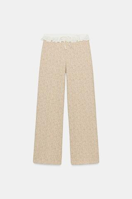 ZARA БРЮКИ ИЗ РЕЛЬЕФНОЙ ТКАНИ С ВОЛАНАМИ, ЭКРЮ/КОРИЧНЕВЫЙ