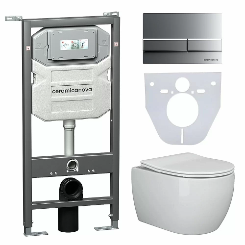 Унитаз подвесной Ceramica Nova PLAY CN3001_1002M_1000 безободковый, с крышкой микролифт, с инсталляцией и кнопкой матовый хром