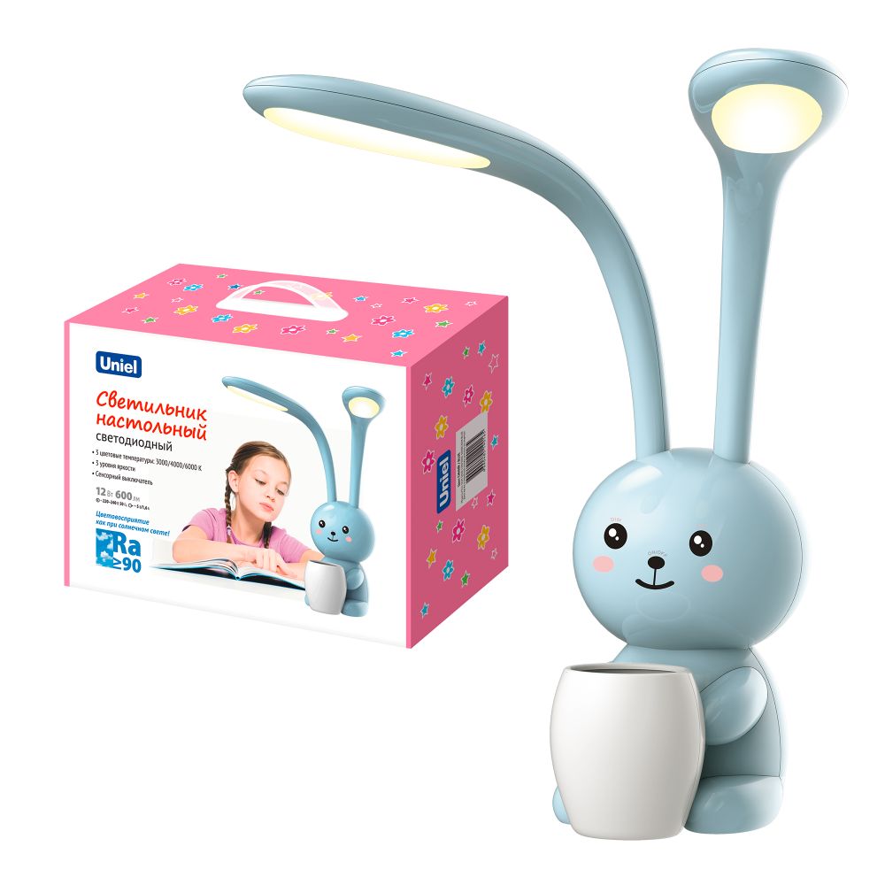 ULM-D160 12W-3000-6000K-DIM BLUE Светильник настольный светодиодный Заяц. с подставкой под канцелярские принадлежности. Сенсорный выключатель. Диммер. Синий. TM Uniel