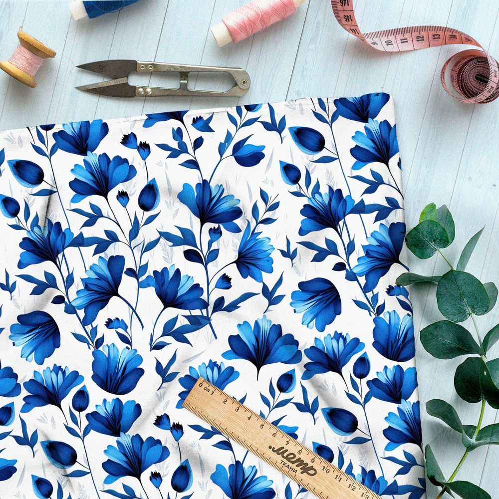 Ткань флис васильки в стиле гжель