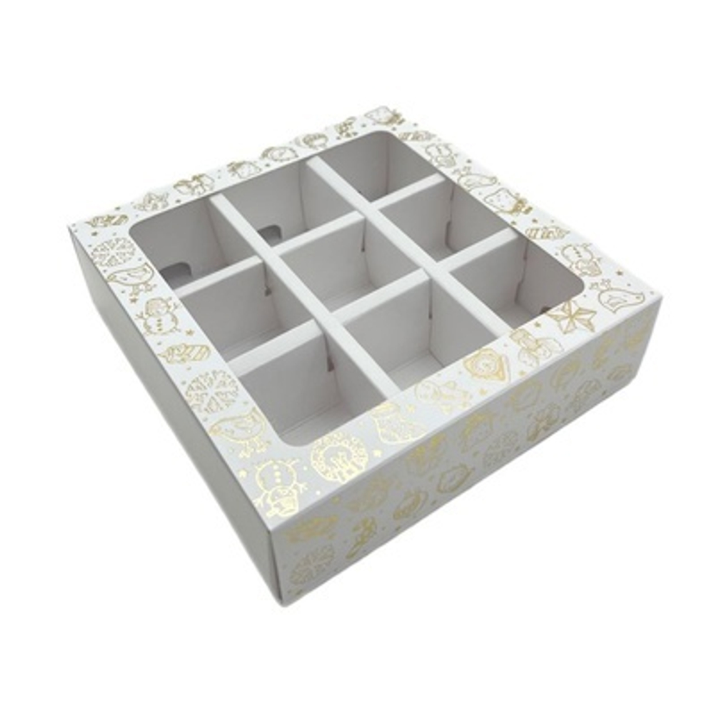 Упаковка для конфет на 9 яч, с окном Золотой Новый год 13,8*13,8*3 см