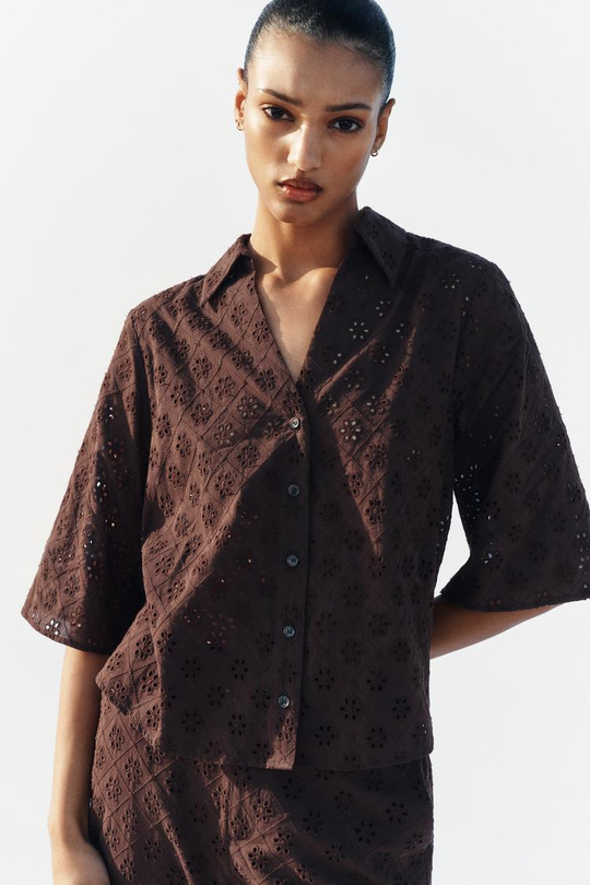 ZARA РУБАШКА С АЖУРНОЙ ВЫШИВКОЙ, КОРИЧНЕВЫЙ