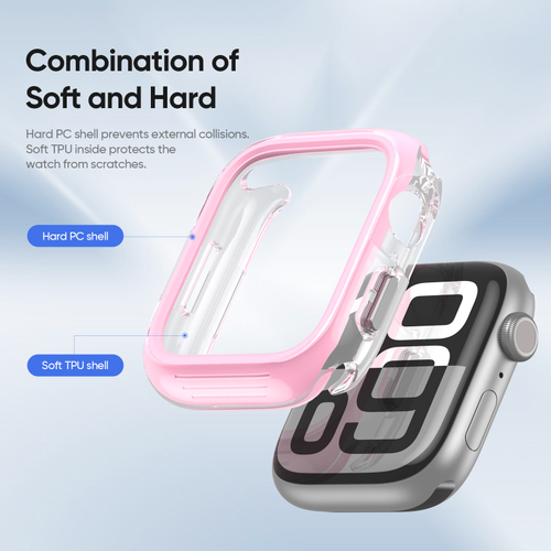 Чехол-бампер прозрачный с розовыми вставками из Soft силикона от Dux Ducis для смарт часов Apple Watch размером 46 мм, серия Camo Series Case