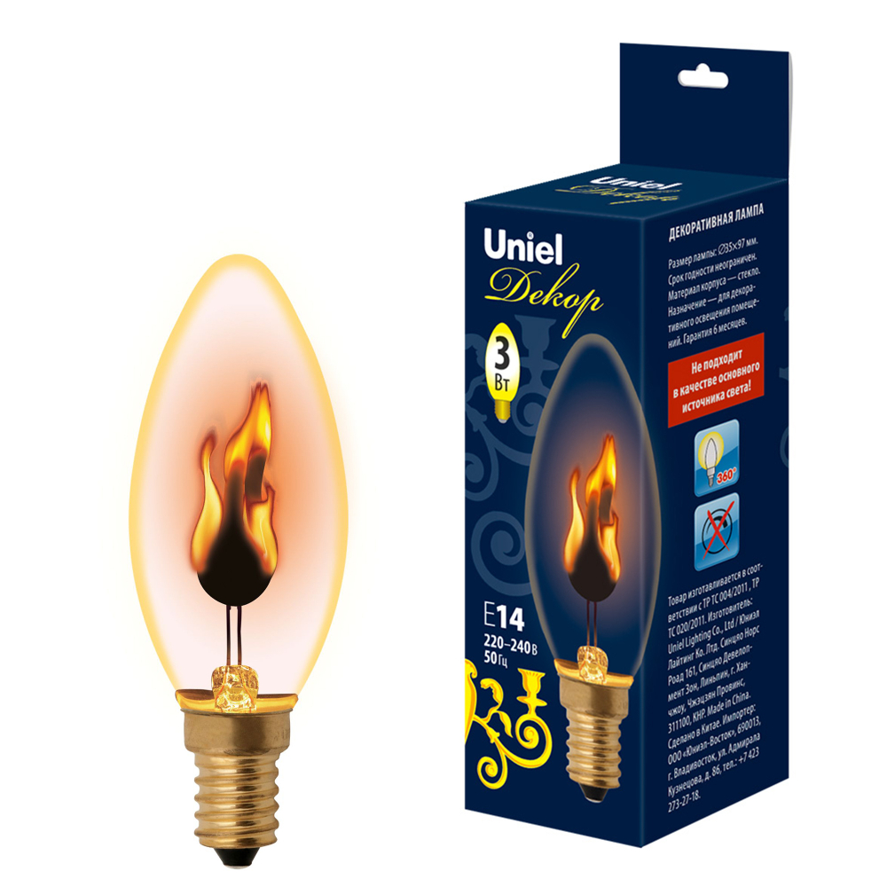 IL-N-C35-3/RED-FLAME/E14/CL Лампа декоративная с типом свечения "эффект пламени". Форма «свеча», прозрачная. Картон. ТМ Uniel.