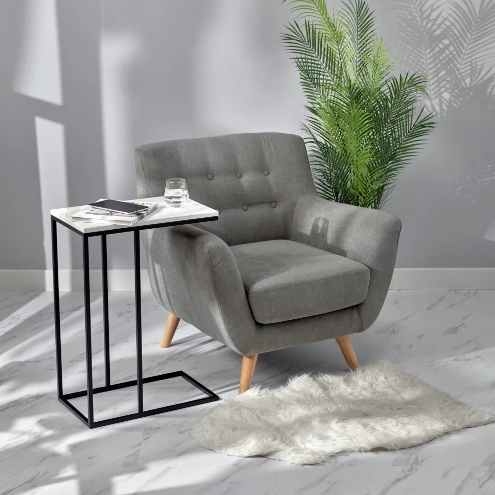 Придиванный столик Loft 50x30см, белый мрамор, чёрные ножки