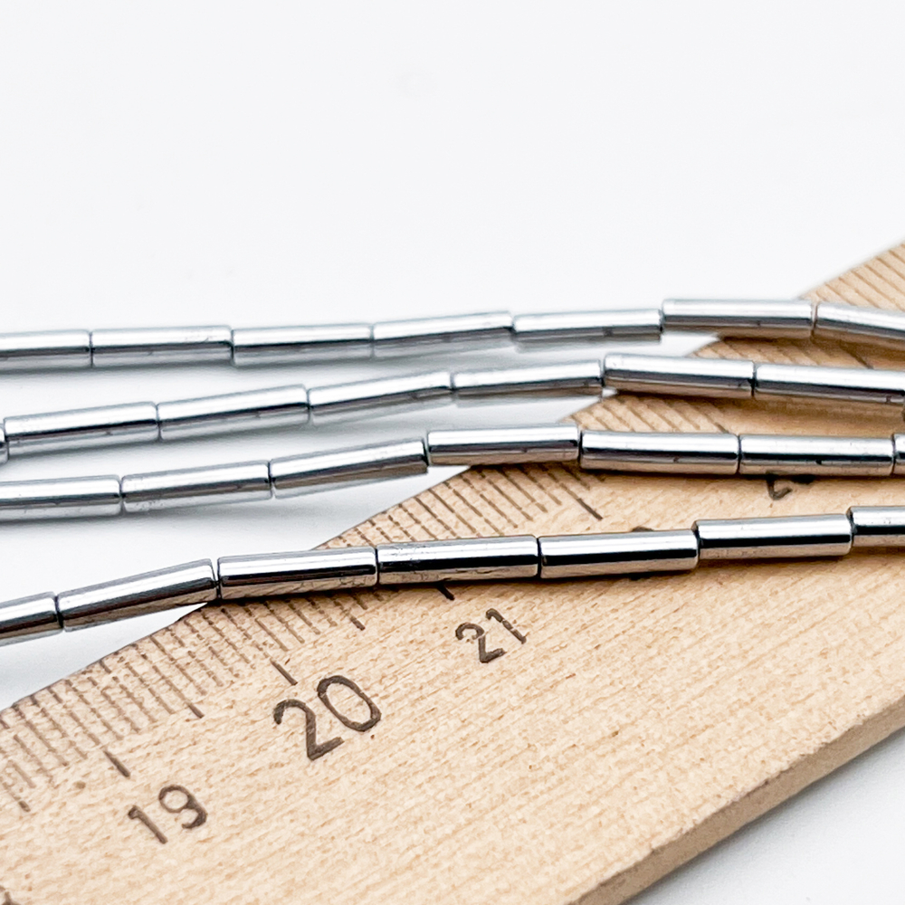 Гематит Трубочка бусины (имитация), цвет серебристый, размер около 8*2 мм, цена за отрезок нить 38 см