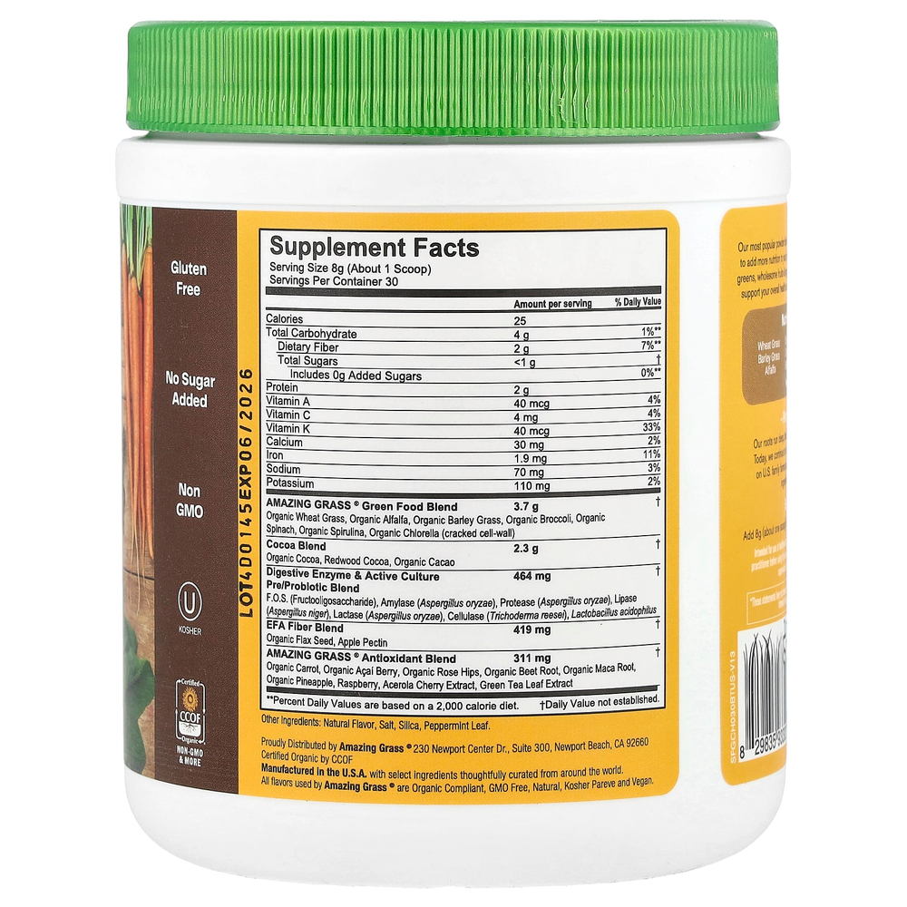 Amazing Grass, смесь зелени, суперфуд, шоколад, 240 г (8,5 унции)