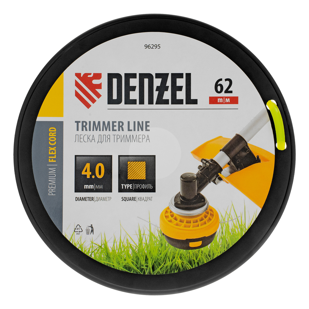 Леска для триммера квадрат, 4,0мм х 62м, на DIN катушке FLEX CORD Denzel