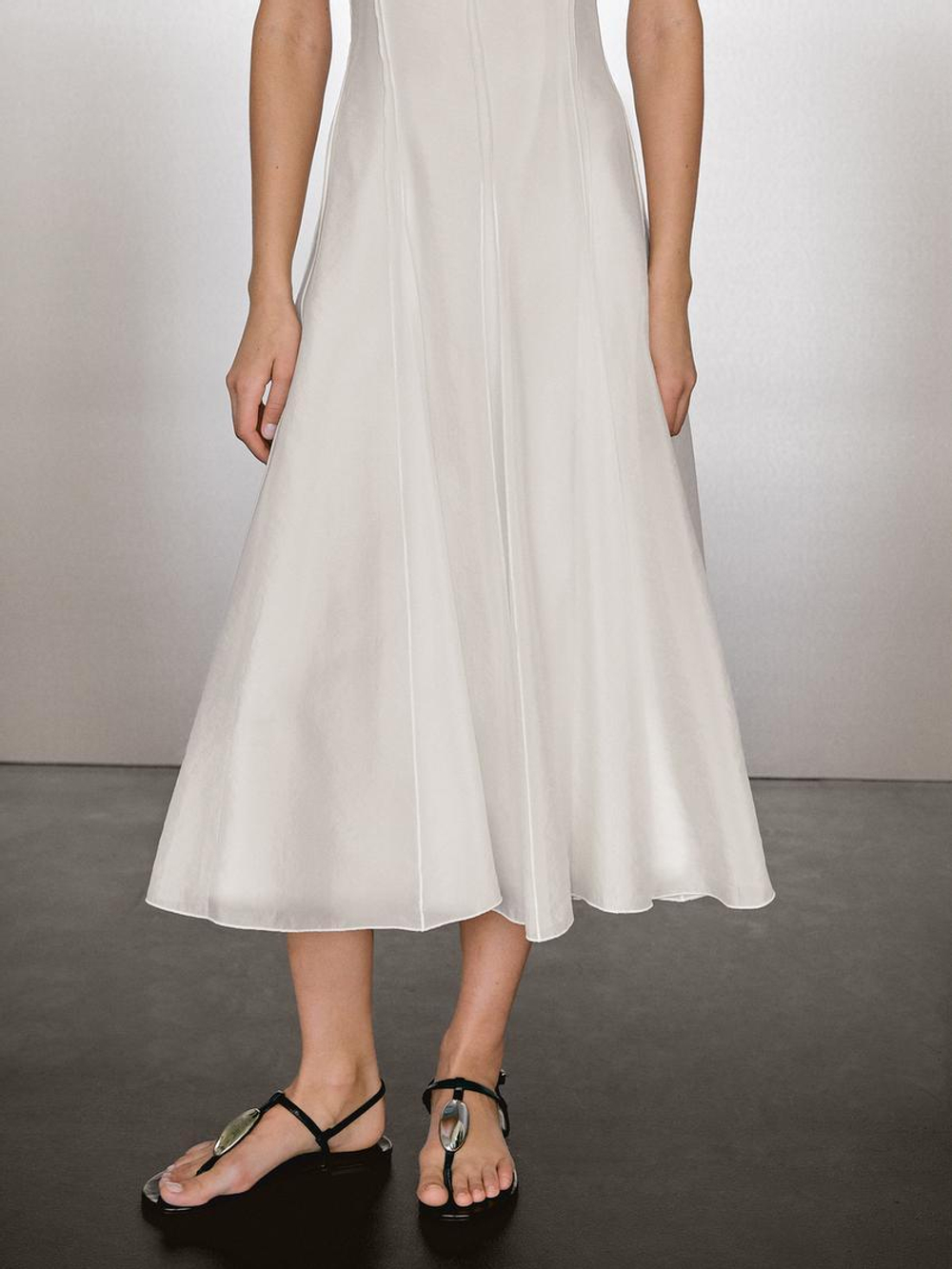 Massimo Dutti Платье миди из струящейся ткани на бретелях, натуральный, кремовый