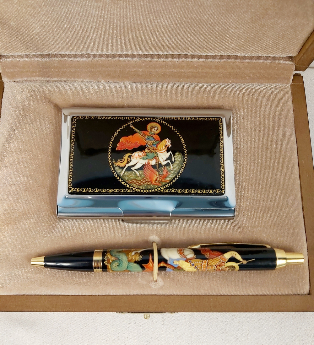 Набор "Георгий Победоносец" №6  визитница, ручка с ручной росписью Палех