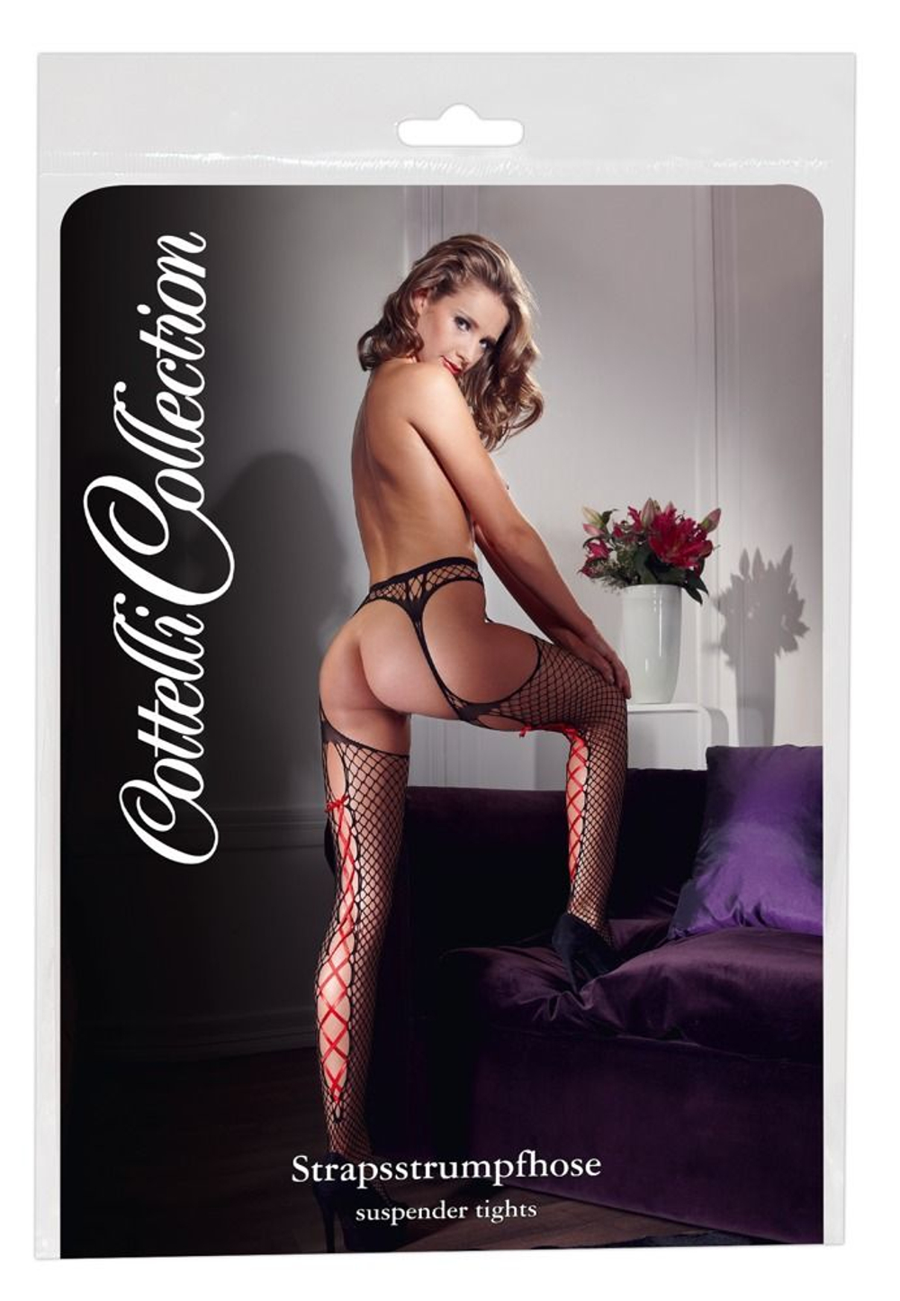 Чулки-сетка на поясе со шнуровками сзади (Размер: S-M) (Цвет: черный с красным)