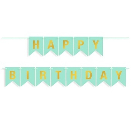 Гирлянда Флажки, Happy Birthday, Тиффани/Золото, Металлик, 500 см, 16*12 см.