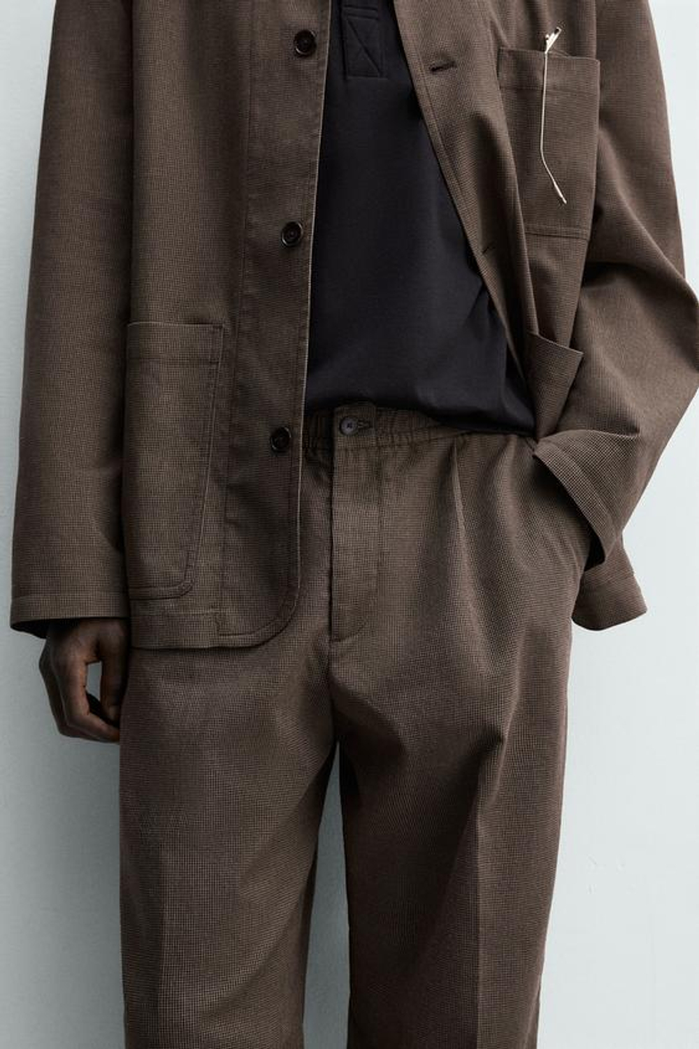 ZARA КОСТЮМНЫЕ БРЮКИ RELAXED FIT С УЗОРОМ «ГУСИНАЯ ЛАПКА», КОРИЧНЕВЫЙ