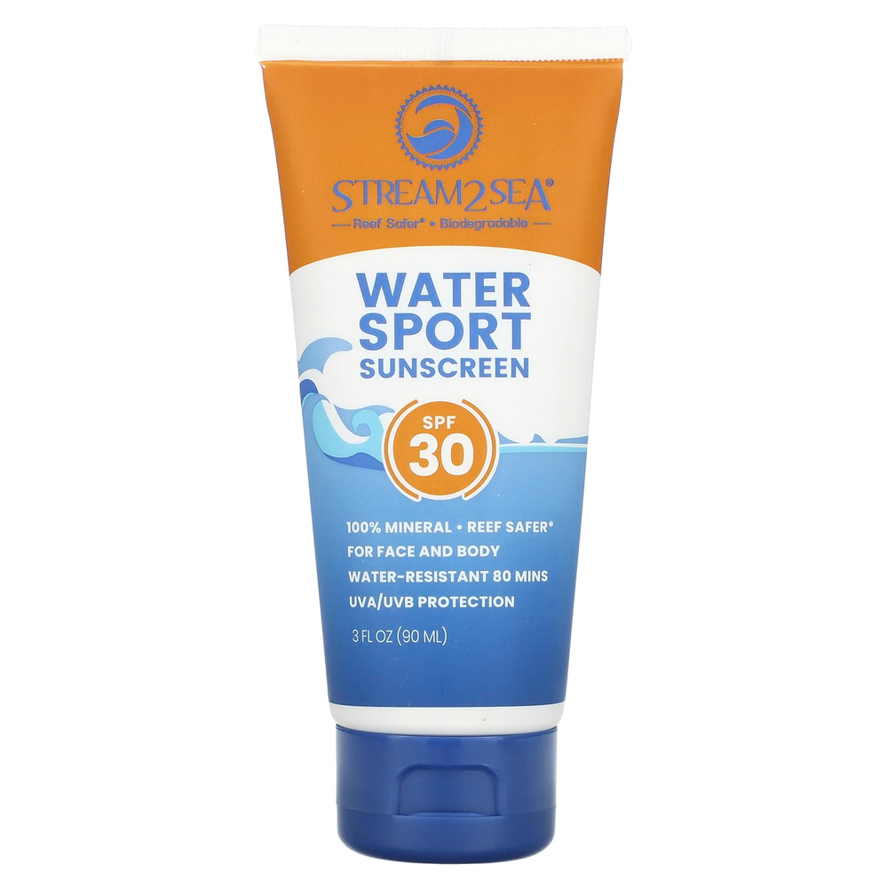 Stream2Sea, Солнцезащитное средство для водных видов спорта, SPF 30, без отдушек, 90 мл (3 жидк. унц.)