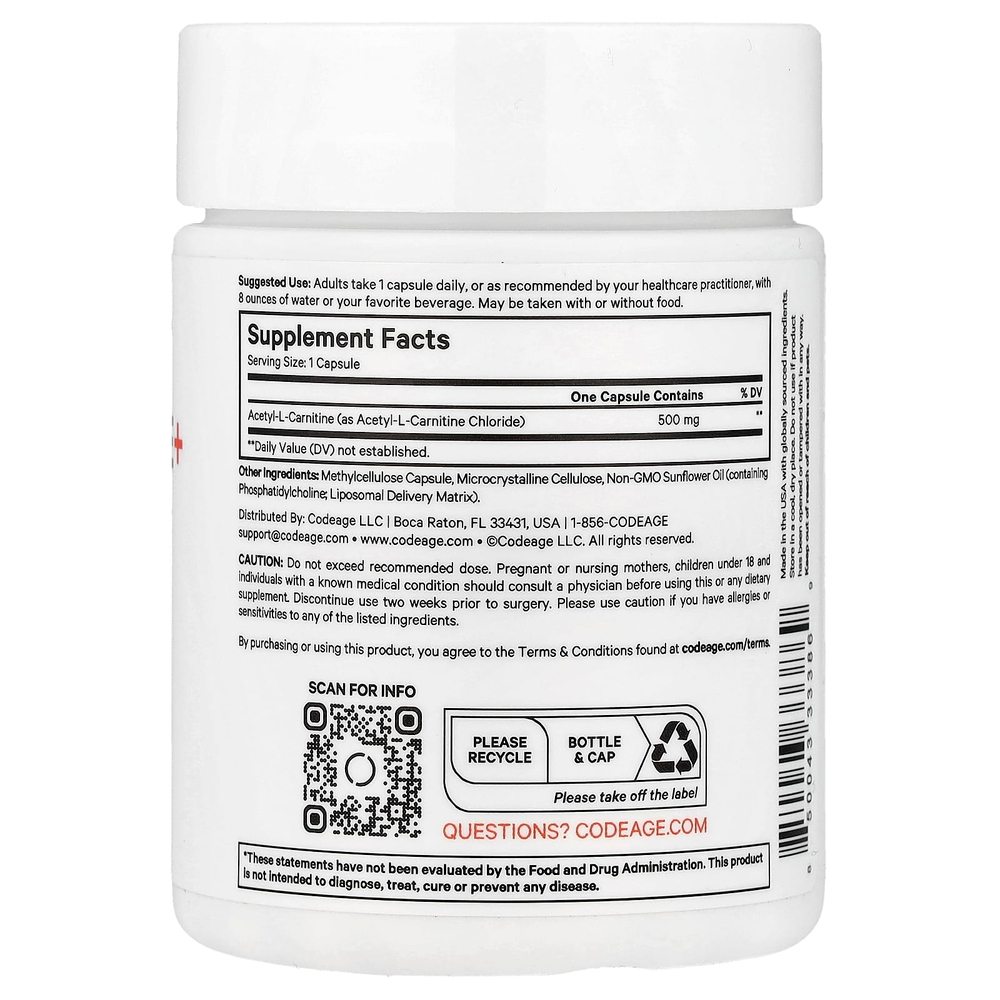 Codeage, липосомальный ацетил-L-карнитин+, 90 капсул (500 мг в 1 капсуле)