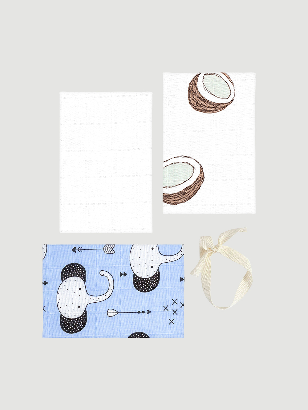 Сет из 3х муслиновых салфеток Mjölk Слоники/Белый/Кокосы