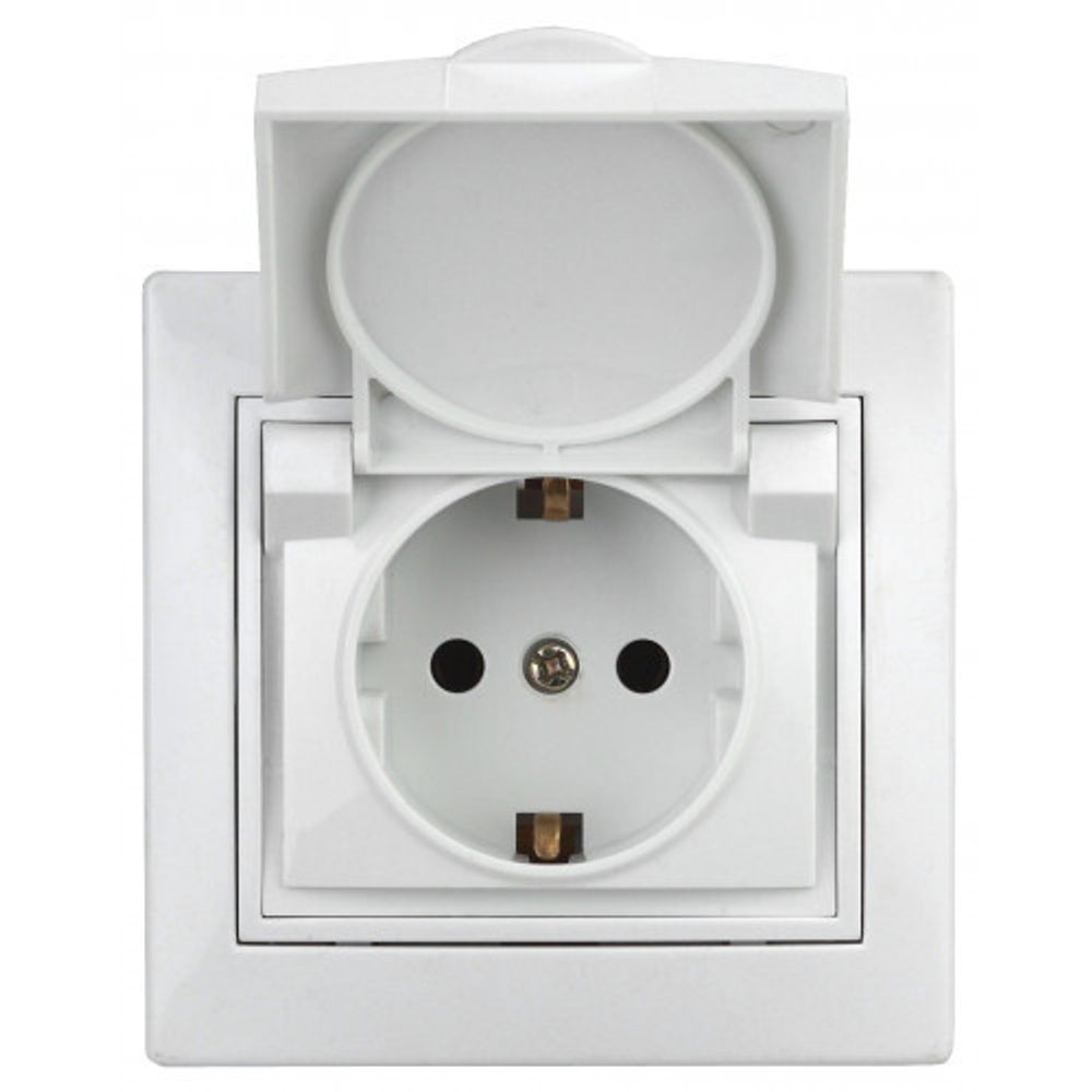 Розетка Intro Plano 1-207-01 с заземлением 2P+E Schuko с крышкой шторками, 16А-250В, IP20, СУ, белый