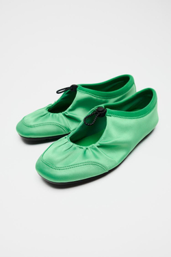 ZARA БАЛЕТКИ ИЗ САТИНА СО СБОРКОЙ, ЗЕЛЕНЫЙ