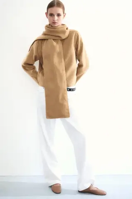 H&M КУРТКА ИЗ ВОЙЛОКА С ШАРФОМ, БЕЖЕВЫЙ