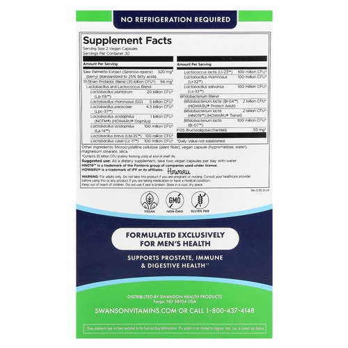Swanson, Для мужчин, ежедневно, пробиотики и пребиотики, ФОС и сереноа, 35 млрд КОЕ, 60 веганских капсул