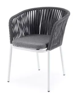 "Бордо" стул плетеный из роупа, каркас алюминий белый шагрень, роуп серый 15мм, ткань серая