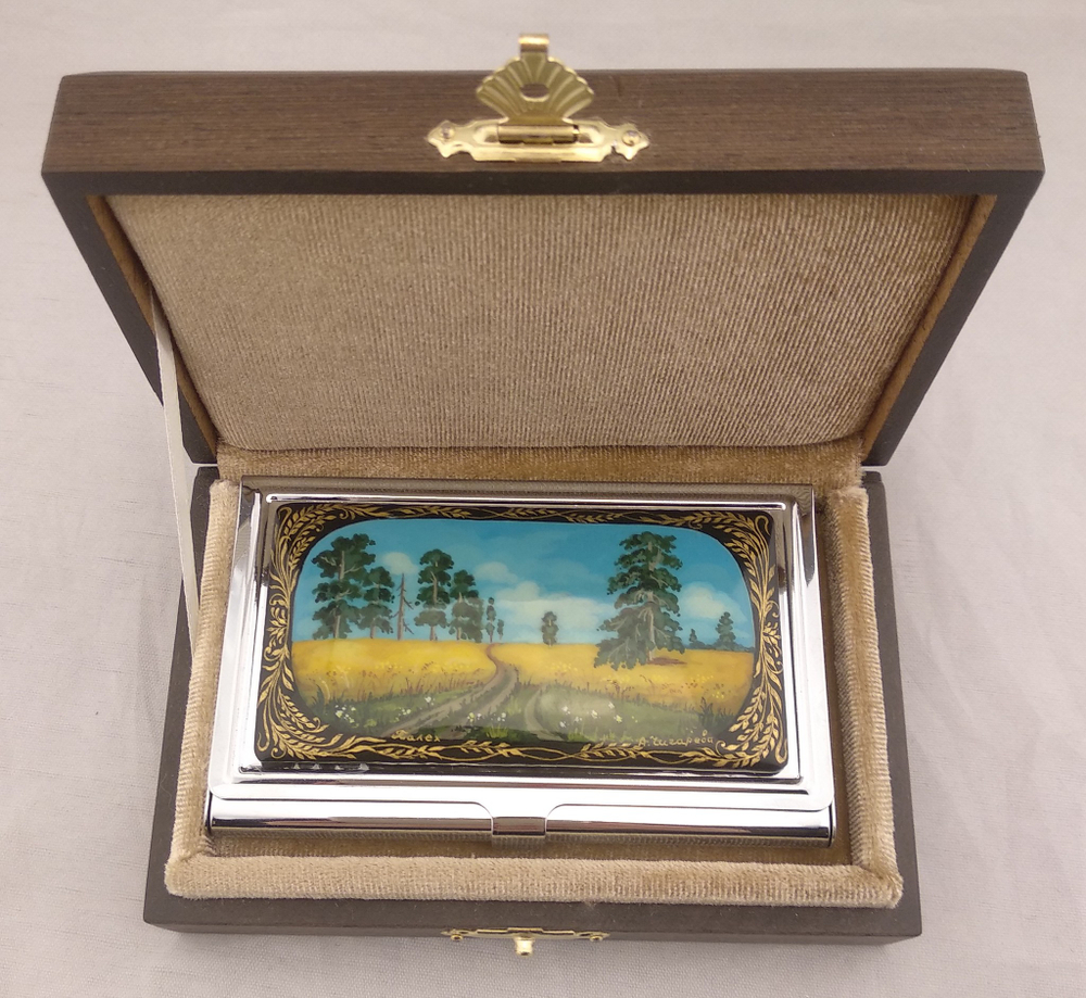 Визитница металлическая персональная "Картина Шишкина" (ручная роспись Палех)