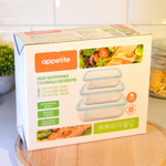 Набор контейнеров 3шт (370мл, 640мл, 1040мл) стеклянные, прямоугольные, с герметичными крышками, цве