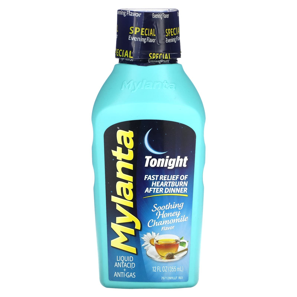 Mylanta, Liquid Antacid + Anti-Gas, Tonight, успокаивающий мед и ромашка, 355 мл (12 жидк. унц.)