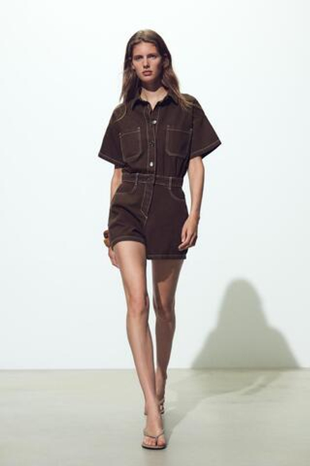 ZARA ДЖИНСОВЫЙ КОМБИНЕЗОН Z1975 С КОРОТКИМИ РУКАВАМИ, КОРИЧНЕВЫЙ
