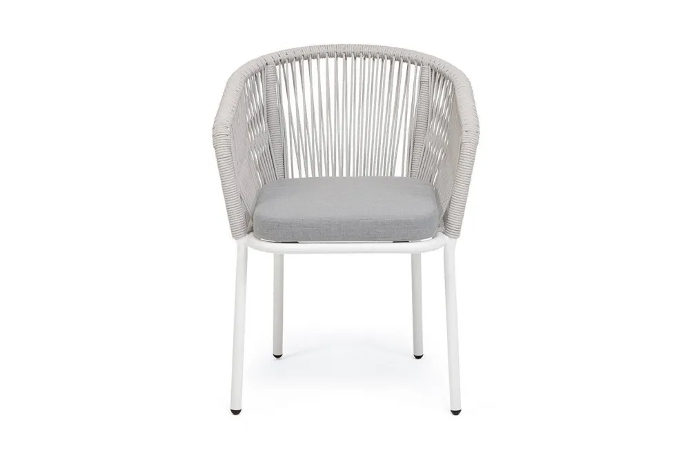 "Марсель" стул плетеный из роупа, каркас алюминий белый муар, роуп светло-серый меланж круглый tex, ткань светло-серая