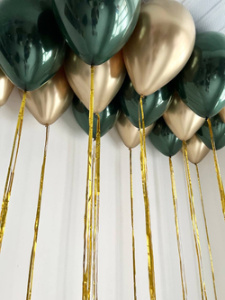 Воздушные шары на потолок с дождиком, золото хром и глубокий зеленый, 15 шт №2720