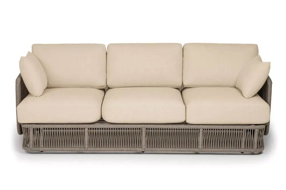 "Альбано" диван 3-местный плетеный из роупа, каркас алюминий светло-серый (RAL7035) муар, роуп серый меланж круглый, ткань Mossle светло-бежевая