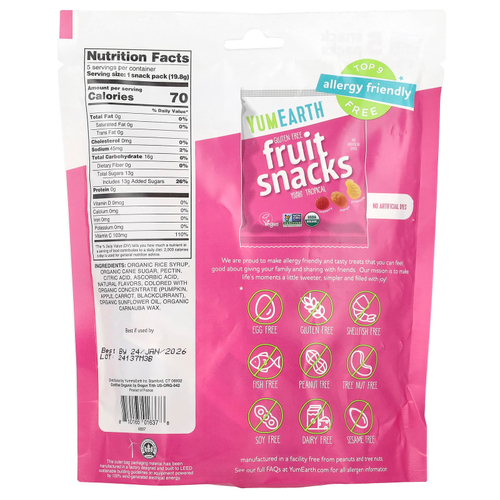 YumEarth, Фруктовые снеки без глютена, тропические, 5 пакетиков, по 19,8 г (0,7 унции)