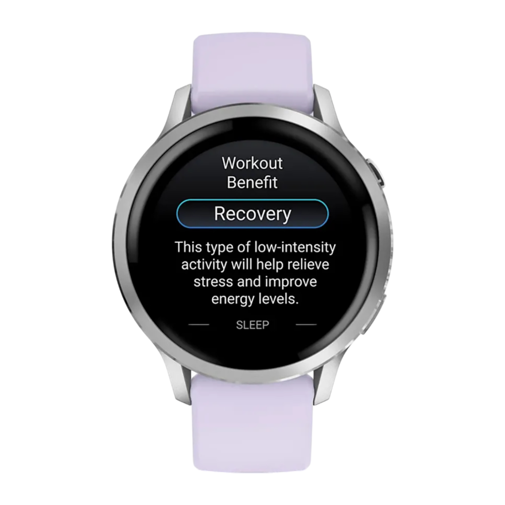 Спортивные часы Garmin Venu 4, 41 мм, силиконовый ремешок цвета «барвинка» Безель из нержавеющей стали серебристого цвета, корпус серебристого цвета, AMOLED-дисплей со стеклом Gorilla Glass. Ремешок с классической застёжкой — на запястье обхватом 110–175