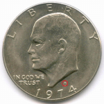 1 доллар 1974 год (D). США. Эйзенхауэр. Медь с медно-никелевым покрытием, диаметр 38.1 мм. AUNC