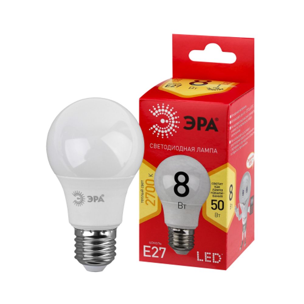 Лампа светодиодная ЭРА RED LINE LED A55-8W-827-E27 R Е27 / E27 8 Вт груша теплый белый свет | Лампы cветодиодные Груша (A)