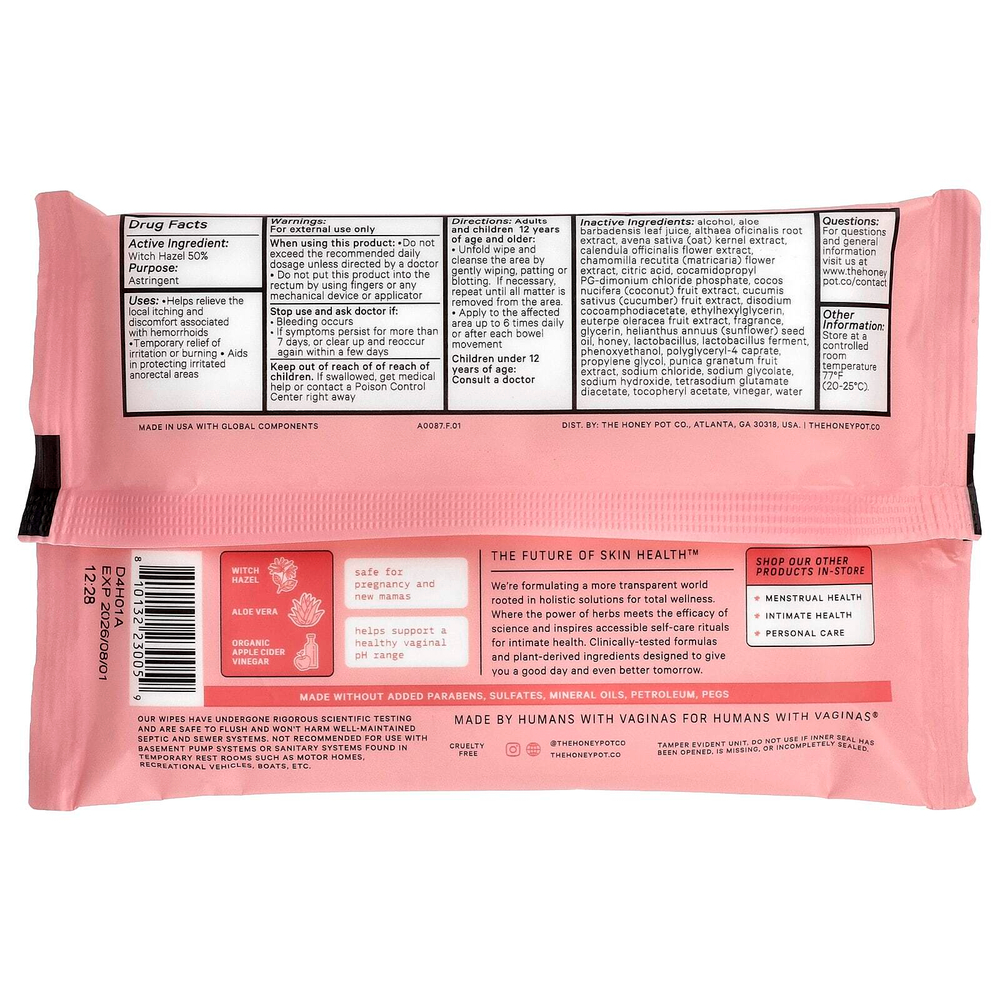 The Honey Pot Company, Успокаивающие салфетки от геморроя, максимальная сила действия, 20 салфеток