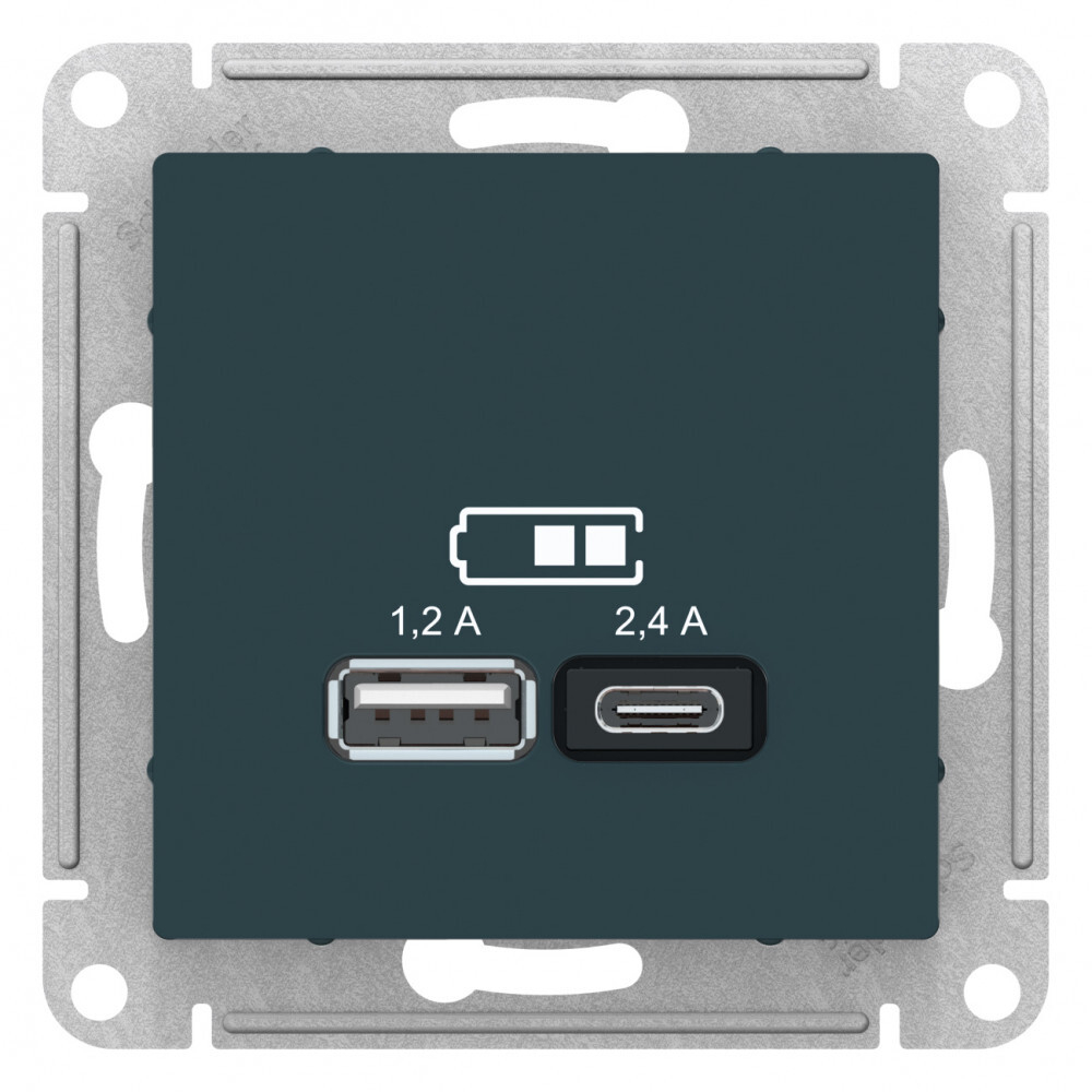 ATLASDESIGN USB РОЗЕТКА А+С, 5В/2,4 А, 2х5В/1,2 А, механизм, ИЗУМРУД ATN000839