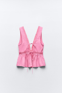 ZARA ТОП ИЗ СМЕСОВОГО ЛЬНА С КРУЖЕВОМ, МЯГКИЙ РОЗОВЫЙ